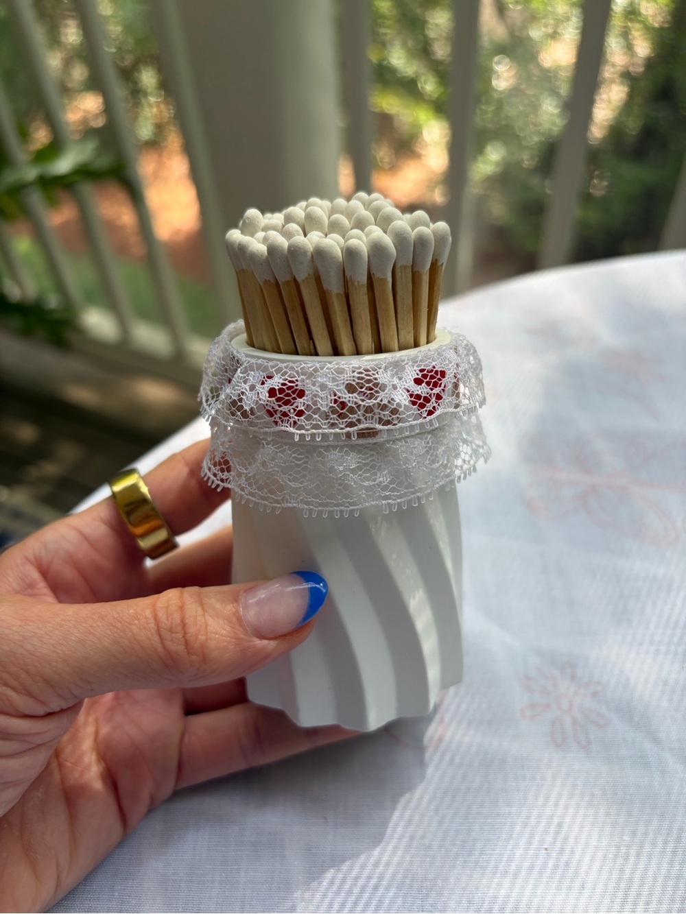 Hand Crafted White Lace-Topped Match Holder with Red Hearts